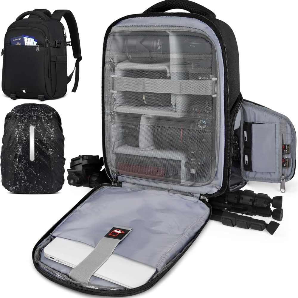 RAINSMORE Camera Backpack Camera Bag for Photographers DSLR SLR Mirrorless Camera Cases with Waterproof Rain Cover & Laptop Compartment Fits 14 Inch Laptop,Anti Theft Travel photography backpack,Black